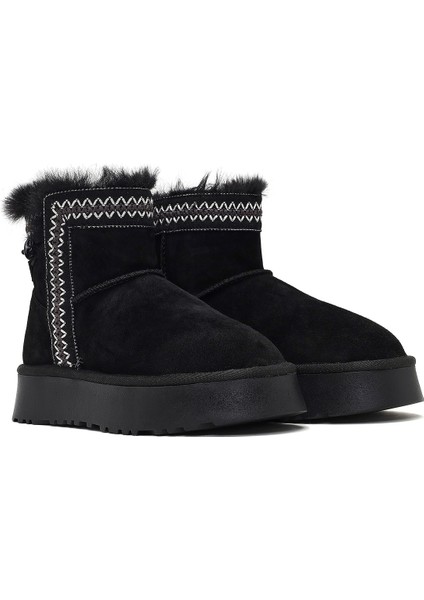 Kadın Siyah Kalın Tabanlı Desenli Süet Deri Teddy Bot 25WFD405410 fırsatları
