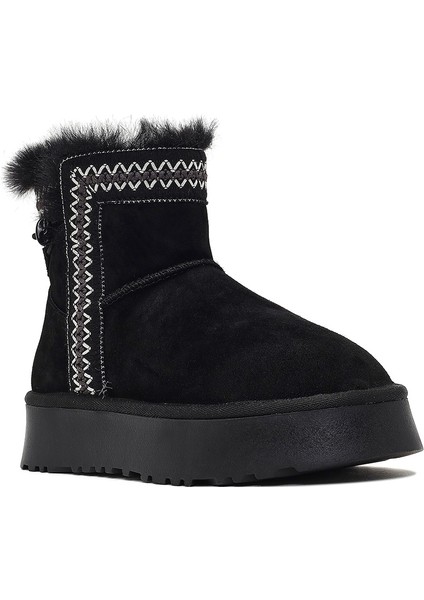 Kadın Siyah Kalın Tabanlı Desenli Süet Deri Teddy Bot 25WFD405410