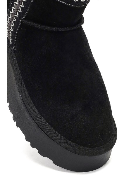 Kadın Siyah Kalın Tabanlı Desenli Süet Deri Teddy Bot 25WFD405410