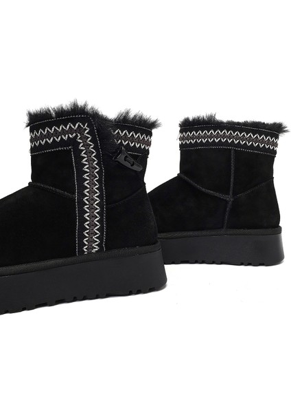 Kadın Siyah Kalın Tabanlı Desenli Süet Deri Teddy Bot 25WFD405410