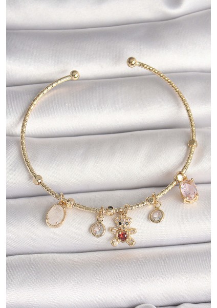 Pirinç Gold Renk Sallantı Zirkon Taşlı Ayıcık Figür Kırmızı Kalp Detay Charm Kadın Bileklik