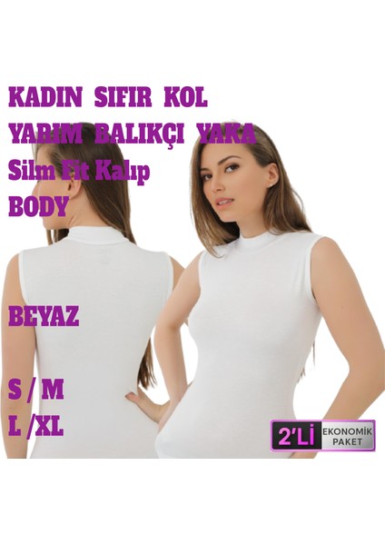 Kadın Dikişsiz Sıfır Kol Boğazlı Balıkçı Yaka T-Shirt Body Atlet 2 Adet Siyah Beyaz Renkli