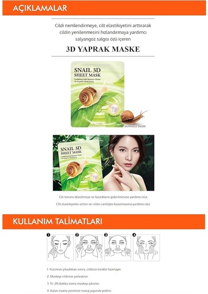 Salyangoz Salgısı Özü Içeren Nemlendirici 3D Yaprak Maske Snail 3D Sheet Mask fiyatları
