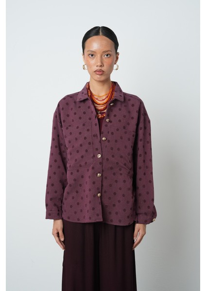 Kadın Bordo Renk Çift Cepli Puantiye Desenli Gömlek - Ceket