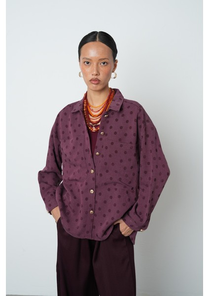 Kadın Bordo Renk Çift Cepli Puantiye Desenli Gömlek - Ceket modelleri