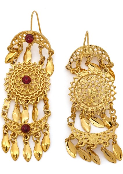 Altın Kaplama Çelik Hint Model Kırmızı Taşlı Küpe UNK-825