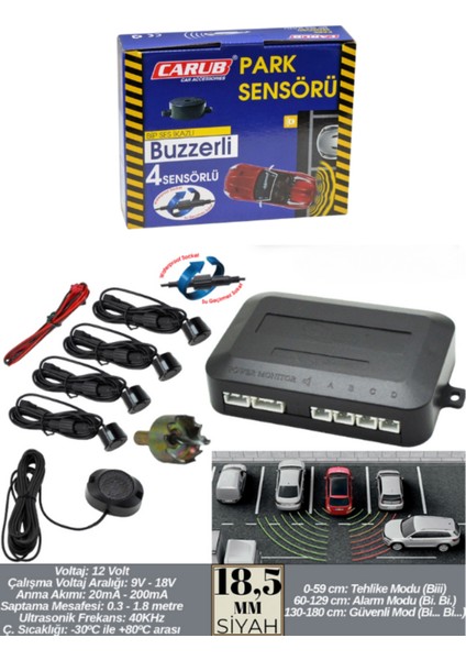 18.5mm Ekranlı Sesli Park Sensörü 4 Lü Siyah Geri Vites Park Destek Sistemi Araç Park Sensörü Seti