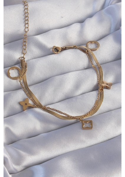 Bfs 316L Çelik Gold Renk Çift Zincir Yonca Tasarım Bileklik