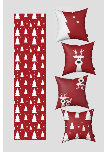 Kırmızı Beyaz Ren Geyiği ve Çam Ağacı Yılbaşı 4 Kırlent Kılıfı 1 Runner Seti