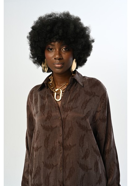 Kadın Kahverengi Desenli Oversize Kesim Gömlek modelleri