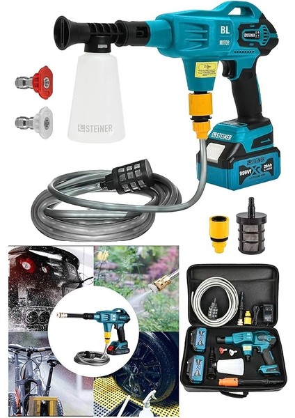 Alman 999 Vf 20 Ah 100 Bar Kömürsüz Şarjlı Oto Yıkama Makinesi Çift Akülü Bahçe Yıkama Makinası