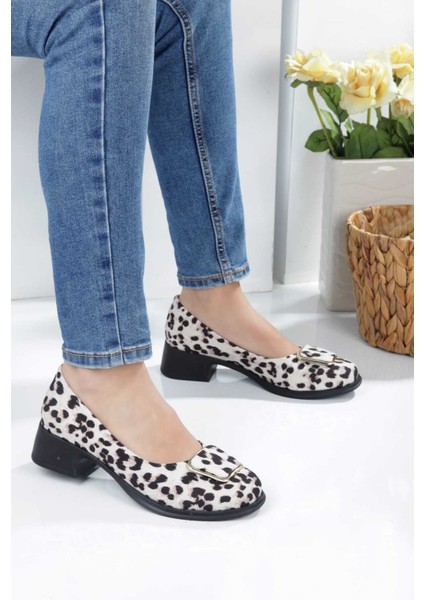 Kadın Topuklu Leopar Desenli Kare Tokalı Babet fiyatları