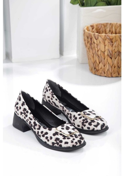 Kadın Topuklu Leopar Desenli Kare Tokalı Babet fırsatları