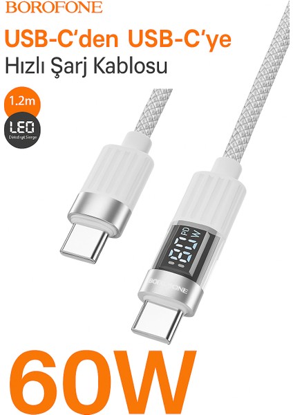 60W Usb-C To Usb-C Şarj ve Data Kablosu – LED Ekranlı, Hızlı Şarj, 1.2m Tüm Cihazlara Uyumlu