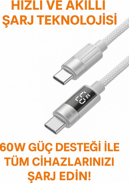 60W Usb-C To Usb-C Şarj ve Data Kablosu – LED Ekranlı, Hızlı Şarj, 1.2m Tüm Cihazlara Uyumlu fırsatları