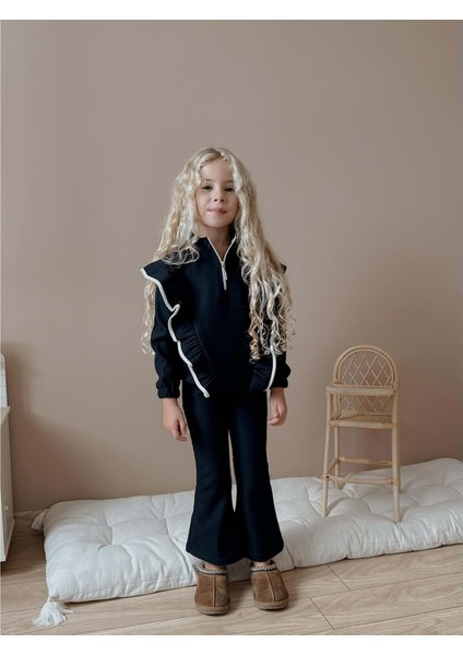 3-12 Yaş Fittili Şardonlu Kız Eşofman Takım- 7108400 - Siyah