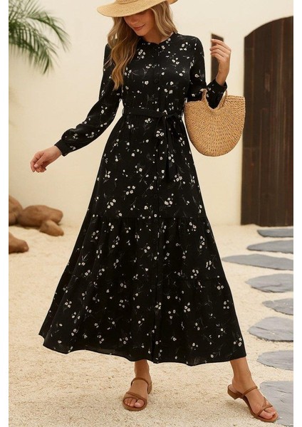 Kadın Uzun Kollu Hakim Yakalı Düğmeli Kuşaklı Desenli Maxi Mikro Süprem Elbise