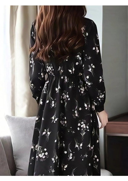 Kadın Uzun Kollu Hakim Yakalı Düğmeli Kuşaklı Desenli Maxi Mikro Süprem Elbise modelleri