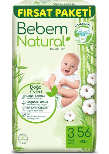 Bebem Natural Bebek Bezi Midi 3 Beden Fırsat Paketi 56 Adet