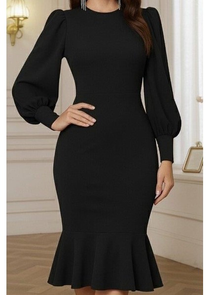 Kadın Uzun Kollu Yarı Balıkçı Yaka Etek Ucu Fırfır Detaylı Midi Ithal Krep Elbise fiyatları