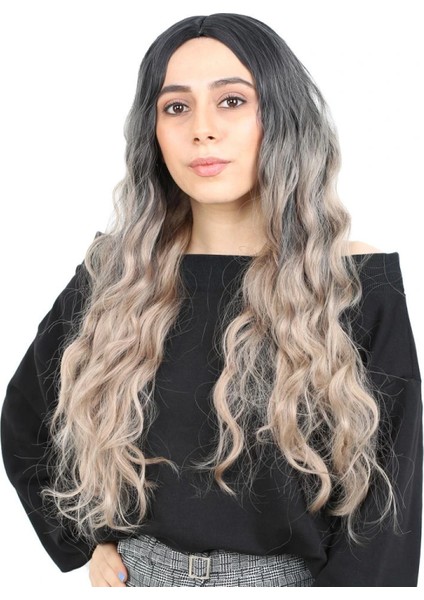 Fiber Sentetik Uzun Su Dalgası Peruk - Siyah / Küllü Platin Ombreli fiyatları
