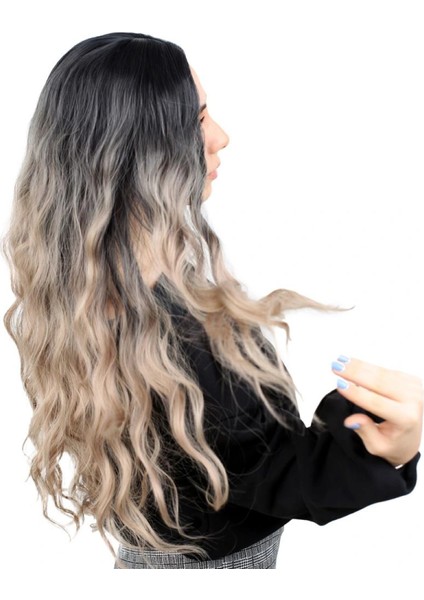 Fiber Sentetik Uzun Su Dalgası Peruk - Siyah / Küllü Platin Ombreli modelleri