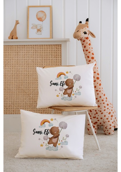 %100 Pamuk Isme Özel 2li Ekru Bebek Yastık Kılıfı 35X45 Cm-Ayıcık