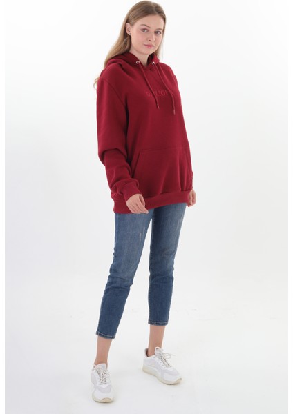 Unisex Nakışlı Bordo Renk Kapüşonlu Sweatshirt Kanguru Cep Detaylı Hem Erkek Hem De Kadın Için Dizayn Edilmiştir fırsatları