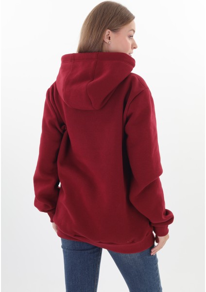 Unisex Nakışlı Bordo Renk Kapüşonlu Sweatshirt Kanguru Cep Detaylı Hem Erkek Hem De Kadın Için Dizayn Edilmiştir
