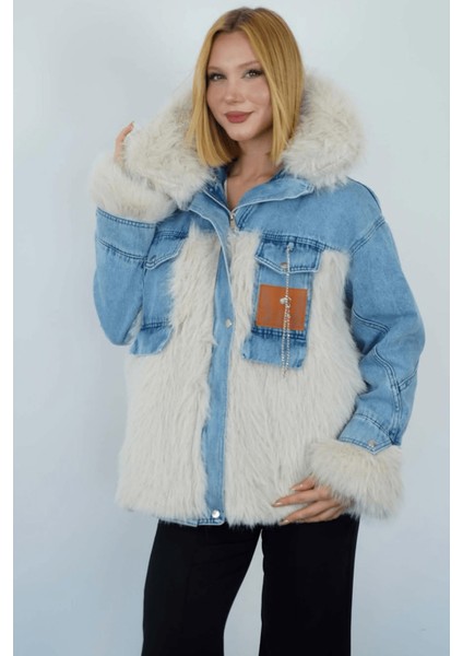 Kadın Kürk Detaylı Kemerli Denim Ceket