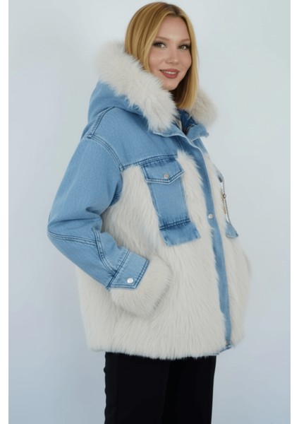 Kadın Kürk Detaylı Kemerli Denim Ceket fiyatları