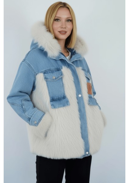 Kadın Kürk Detaylı Kemerli Denim Ceket modelleri