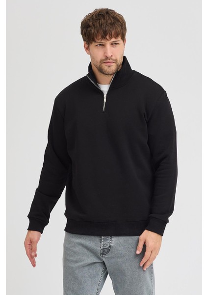 Unisex Regular Fit Rahat Kesim Pamuklu Içi Polarlı Yarım Fermuarlı Siyah Dik Yaka Sweatshirt fiyatları