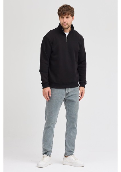 Unisex Regular Fit Rahat Kesim Pamuklu Içi Polarlı Yarım Fermuarlı Siyah Dik Yaka Sweatshirt modelleri
