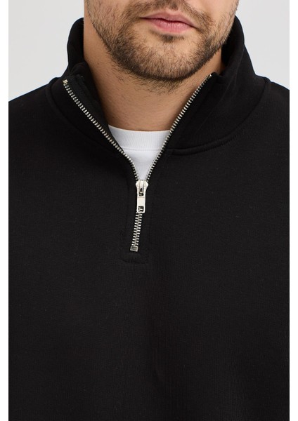 Unisex Regular Fit Rahat Kesim Pamuklu Içi Polarlı Yarım Fermuarlı Siyah Dik Yaka Sweatshirt indirimleri