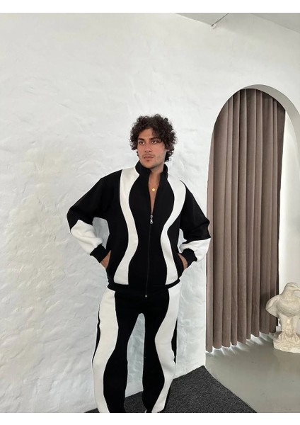 Erkek Premium Parçalı Eşofman Takım - Dik Yaka Fermuarlı Sweatshirt, - Siyah