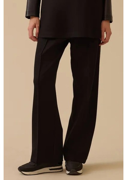 Kadın Suni Deri Biyeli Bol Paça Pantolon - Siyah