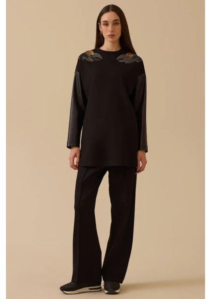 Kadın Suni Deri Biyeli Bol Paça Pantolon - Siyah fiyatları