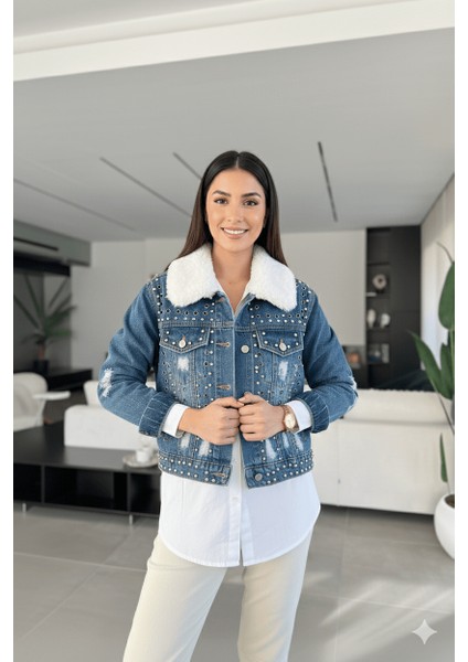Kadın Içi Kürklü Jean Ceket Mavi