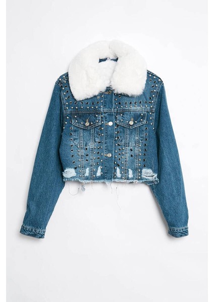 Kadın Içi Kürklü Jean Ceket Mavi modelleri