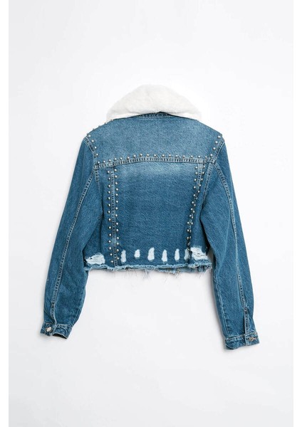 Kadın Içi Kürklü Jean Ceket Mavi
