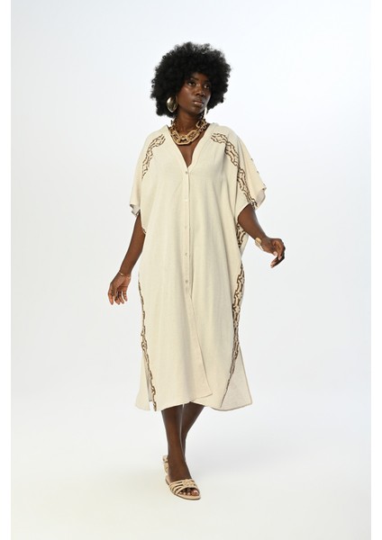 Kadın Kolları ve Yanı Nakış Işlemeli Natur Renk Kimono-Elbise