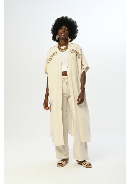 Kadın Kolları ve Yanı Nakış Işlemeli Natur Renk Kimono-Elbise fiyatları