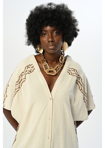 Kadın Kolları ve Yanı Nakış Işlemeli Natur Renk Kimono-Elbise indirimleri