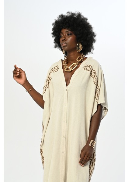 Kadın Kolları ve Yanı Nakış Işlemeli Natur Renk Kimono-Elbise