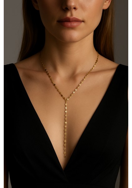 Işıltılı V Yaka Uyumlu Altın Renk Y Kolye – Şık Zincir Model