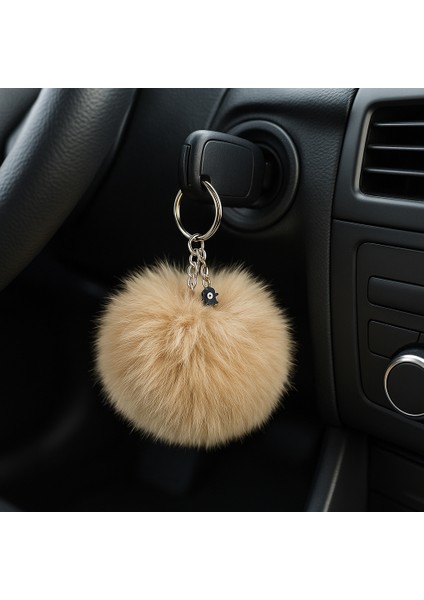 Peluş Pofuduk Ponpon Puf Camel Tüylü Nazar Boncuklu Ev Ofis Araba Telefon Cüzdan Çanta Anahtarlık Gold Aksesuar