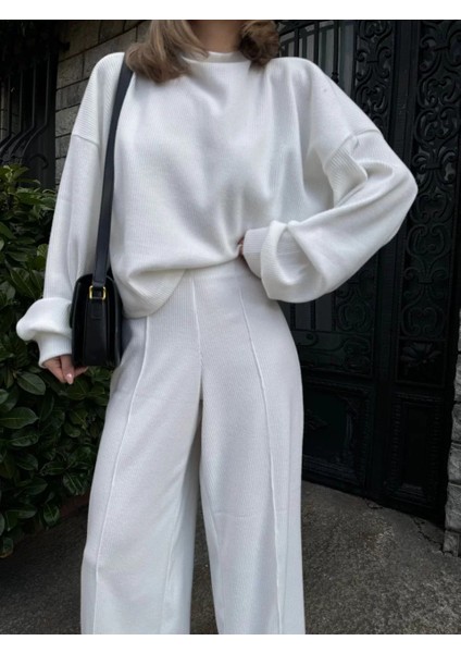 Crop, Pantolon Fitilli Ikili Takım -Beyaz