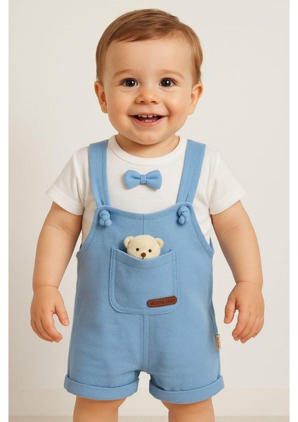 Erkek Bebek Ayıcık Aksesuarlı Bayramlık Salopet ve Iç Badili 2li Bebek Takımı Aylık Yazlık