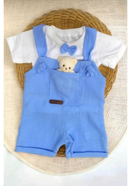 Erkek Bebek Ayıcık Aksesuarlı Bayramlık Salopet ve Iç Badili 2li Bebek Takımı Aylık Yazlık